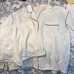 Women's White Satin Pajama Set with Black Piping
